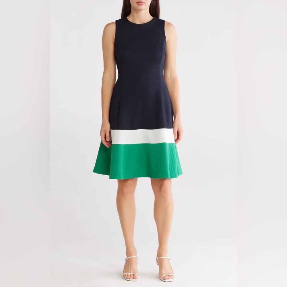 Eliza J Colorblock Fit & Flare Dress | Navy Green Mod Preppy Jacquard Mini 12